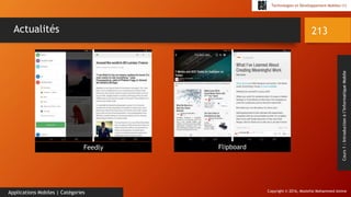 Copyright © 2016, Mostefai Mohammed Amine
Technologies et Développement Mobiles (1)
Cours1:Introductionàl’InformatiqueMobile
213
Applications Mobiles | Catégories
Actualités
Feedly Flipboard
 