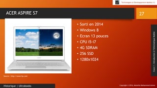 Copyright © 2016, Mostefai Mohammed Amine
Technologies et Développement Mobiles (1)
Cours1:Introductionàl’InformatiqueMobile
• Sorti en 2014
• Windows 8
• Ecran 13 pouces
• CPU i5-i7
• 4G SDRAM
• 256 SSD
• 1280x1024
27
Historique | Ultrabooks
ACER ASPIRE S7
Source : http://www.hp.com
 
