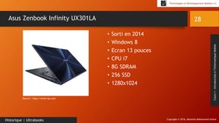 Copyright © 2016, Mostefai Mohammed Amine
Technologies et Développement Mobiles (1)
Cours1:Introductionàl’InformatiqueMobile
• Sorti en 2014
• Windows 8
• Ecran 13 pouces
• CPU i7
• 8G SDRAM
• 256 SSD
• 1280x1024
28
Historique | Ultrabooks
Asus Zenbook Infinity UX301LA
Source : http://www.hp.com
 