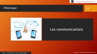 Copyright © 2016, Mostefai Mohammed Amine
Technologies et Développement Mobiles (1)
Cours 1 : Introduction à l’Informatique Mobile
29Historique
Les communications
 