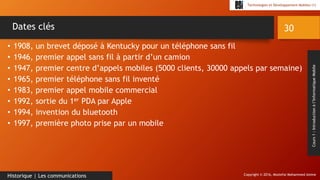 Copyright © 2016, Mostefai Mohammed Amine
Technologies et Développement Mobiles (1)
Cours1:Introductionàl’InformatiqueMobile
• 1908, un brevet déposé à Kentucky pour un téléphone sans fil
• 1946, premier appel sans fil à partir d’un camion
• 1947, premier centre d’appels mobiles (5000 clients, 30000 appels par semaine)
• 1965, premier téléphone sans fil inventé
• 1983, premier appel mobile commercial
• 1992, sortie du 1er PDA par Apple
• 1994, invention du bluetooth
• 1997, première photo prise par un mobile
30
Historique | Les communications
Dates clés
 