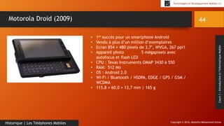 Copyright © 2016, Mostefai Mohammed Amine
Technologies et Développement Mobiles (1)
Cours1:Introductionàl’InformatiqueMobile
44
Historique | Les Téléphones Mobiles
Motorola Droid (2009)
• 1er succès pour un smartphone Android
• Vendu à plus d’un million d’exemplaires
• Ecran 854 × 480 pixels de 3,7", WVGA, 267 ppi1
• Appareil photo 5 mégapixels avec
autofocus et flash LED
• CPU : Texas Instruments OMAP 3430 à 550
• RAM: 512 Mo
• OS : Android 2.0
• Wi-Fi / Bluetooth / HSDPA, EDGE / GPS / GSM /
WCDMA
• 115,8 × 60,0 × 13,7 mm | 165 g
 