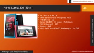 Copyright © 2016, Mostefai Mohammed Amine
Technologies et Développement Mobiles (1)
Cours1:Introductionàl’InformatiqueMobile
47
Historique | Les Téléphones Mobiles
Nokia Lumia 800 (2011)
• OS : WP7.5  WP7.8
• Pilier de la nouvelle stratégie de Nokia
• 116x61x12 | 142g
• Ecran 400x800 | 3.7 pouces | Multitouch
• Wifi | Bluetooth | GPS
• Camera : 8MP
• CPU : Qualcomm MSM825 Snadpdragon | 1.4 GHZ
 