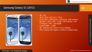 Copyright © 2016, Mostefai Mohammed Amine
Technologies et Développement Mobiles (1)
Cours1:Introductionàl’InformatiqueMobile
49
Historique | Les Téléphones Mobiles
Samsung Galaxy S3 (2012)
• 2G | 3G
• 36.6 x 70.6 x 8.6 mm | 133 g
• Ecran 720 x 1280 pixels, 4.8 pouces, 16M couleurs
• MicroSD | GPS | Wifi | DLNA | Wi-Fi Direct | Wi-
Fi hotspot | NFC | MicroUSB
• Caméra 8MP | 1,9MP
• OS : Android 4,0,4 (ICS)  4,4,2 (KitKat)
• CPU : Exynos 4412 Quad | Cortex A-9 Quad-Coeur
 