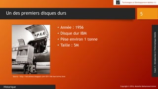 Copyright © 2016, Mostefai Mohammed Amine
Technologies et Développement Mobiles (1)
Cours1:Introductionàl’InformatiqueMobile
• Année : 1956
• Disque dur IBM
• Pèse environ 1 tonne
• Taille : 5M
5
Historique
Un des premiers disques durs
Source : http://old-photos.blogspot.com/2011/06/hard-drive.html
 