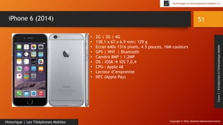 Copyright © 2016, Mostefai Mohammed Amine
Technologies et Développement Mobiles (1)
Cours1:Introductionàl’InformatiqueMobile
51
Historique | Les Téléphones Mobiles
iPhone 6 (2014)
• 2G | 3G | 4G
• 138.1 x 67 x 6.9 mm| 129 g
• Ecran 640x 1316 pixels, 4.5 pouces, 16M couleurs
• GPS | Wifi | Bluetooth
• Caméra 8MP | 1,2MP
• OS : iOS8  iOS 7,0,4
• CPU : Apple A8
• Lecteur d’empreinte
• NFC (Apple Pay)
 