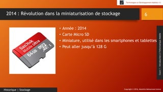 Copyright © 2016, Mostefai Mohammed Amine
Technologies et Développement Mobiles (1)
Cours1:Introductionàl’InformatiqueMobile
• Année : 2014
• Carte Micro SD
• Miniature, utilisé dans les smartphones et tablettes
• Peut aller jusqu’à 128 G
6
Historique | Stockage
2014 : Révolution dans la miniaturisation de stockage
 