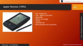 Copyright © 2016, Mostefai Mohammed Amine
Technologies et Développement Mobiles (1)
Cours1:Introductionàl’InformatiqueMobile
63
Historique | Les Tablettes
Apple Newton (1993)
• OS : Newton OS
• CPU : ARM 610 (20 MHZ)
• RAM 640K
• RS422, Infrarouge
• Tactile
• 330x240 LCD
• Reconnaissance de caractères
 