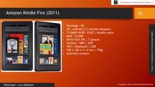 Copyright © 2016, Mostefai Mohammed Amine
Technologies et Développement Mobiles (1)
Cours1:Introductionàl’InformatiqueMobile
70
Historique | Les Tablettes
Amazon Kindle Fire (2011)
• Stockage : 8G
• OS : Android 2,3 (version Amazon)
• TI OMAP 4430| 1GHZ | double coeur
• RAM : 512MB
• 6010x1024 IPS | 7 pouces
• Caméra : 5MP | 2MP
• Wifi | Bluetooth | USB
• 190 x 120 x 11.4 mm | 730g
• Orientée contenu
 