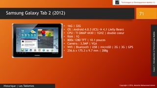 Copyright © 2016, Mostefai Mohammed Amine
Technologies et Développement Mobiles (1)
Cours1:Introductionàl’InformatiqueMobile
71
Historique | Les Tablettes
Samsung Galaxy Tab 2 (2012)
• 16G | 32G
• OS : Android 4.0.3 (ICS)  4,1 (Jelly Bean)
• CPU : TI OMAP 4430 | 1GHZ | double coeur
• RAM : 1G
• 800x 1280 TFT | 10.1 pouces
• Caméra : 3,5MP | VGA
• Wifi | Bluetooth | USB | microSD | 2G | 3G | GPS
• 256.6 x 175.3 x 9.7 mm | 288g
 