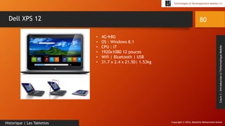 Copyright © 2016, Mostefai Mohammed Amine
Technologies et Développement Mobiles (1)
Cours1:Introductionàl’InformatiqueMobile
80
Historique | Les Tablettes
Dell XPS 12
• 4G8G
• OS : Windows 8.1
• CPU : i7
• 1920x1080 12 pouces
• Wifi | Bluetooth | USB
• 31.7 x 2.4 x 21.50| 1.53kg
 