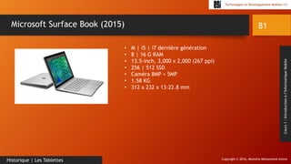 Copyright © 2016, Mostefai Mohammed Amine
Technologies et Développement Mobiles (1)
Cours1:Introductionàl’InformatiqueMobile
81
Historique | Les Tablettes
Microsoft Surface Book (2015)
• M | i5 | i7 dernière génération
• 8 | 16 G RAM
• 13.5-inch, 3,000 x 2,000 (267 ppi)
• 256 | 512 SSD
• Caméra 8MP + 5MP
• 1.58 KG
• 312 x 232 x 13-22.8 mm
 
