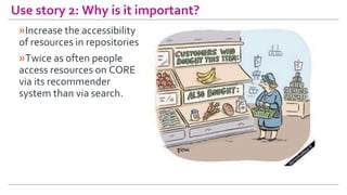 Use story 2: Why is it important?
»Increase the accessibility
of resources in repositories
»Twice as often people
access r...