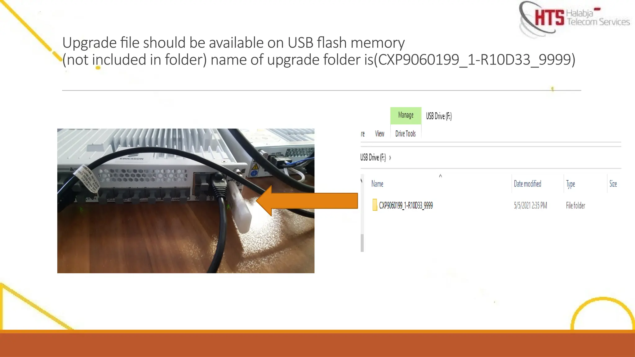 Upgrade file should be available on USB flash memory
(not included in folder) name of upgrade folder is(CXP9060199_1-R10D33_9999)
 