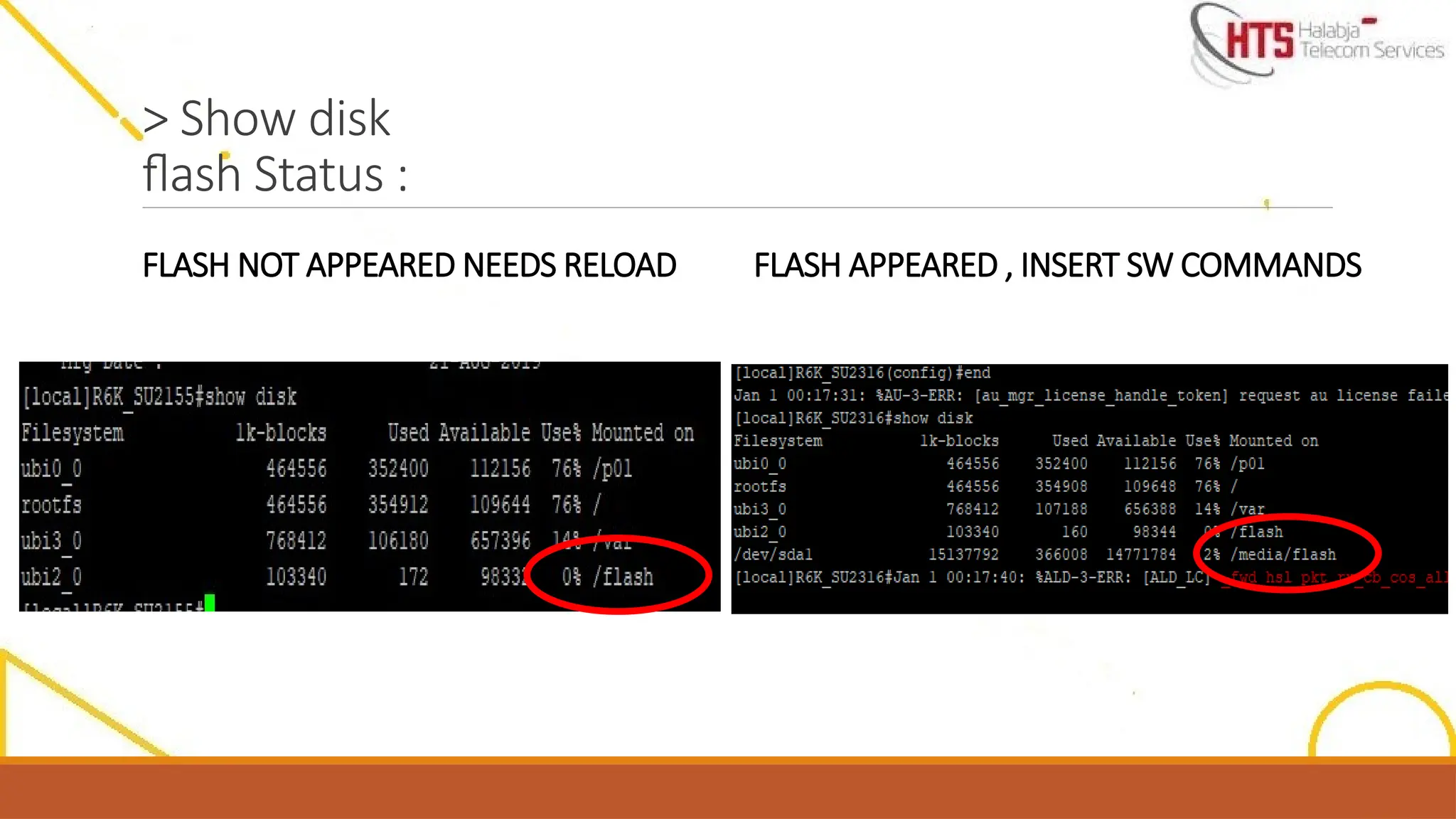> Show disk
flash Status :
FLASH NOT APPEARED NEEDS RELOAD FLASH APPEARED , INSERT SW COMMANDS
 