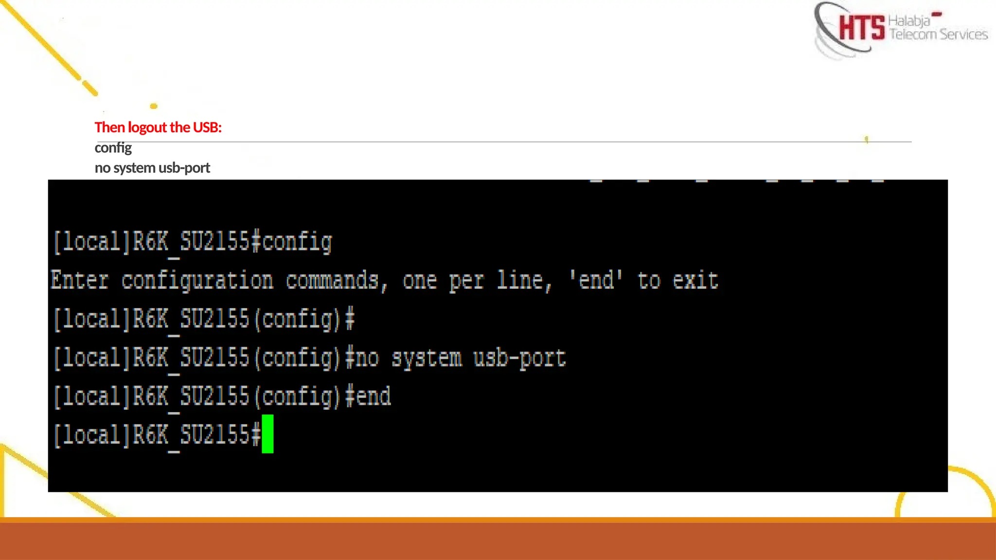 Then logout theUSB:
config
no systemusb-port
end
 