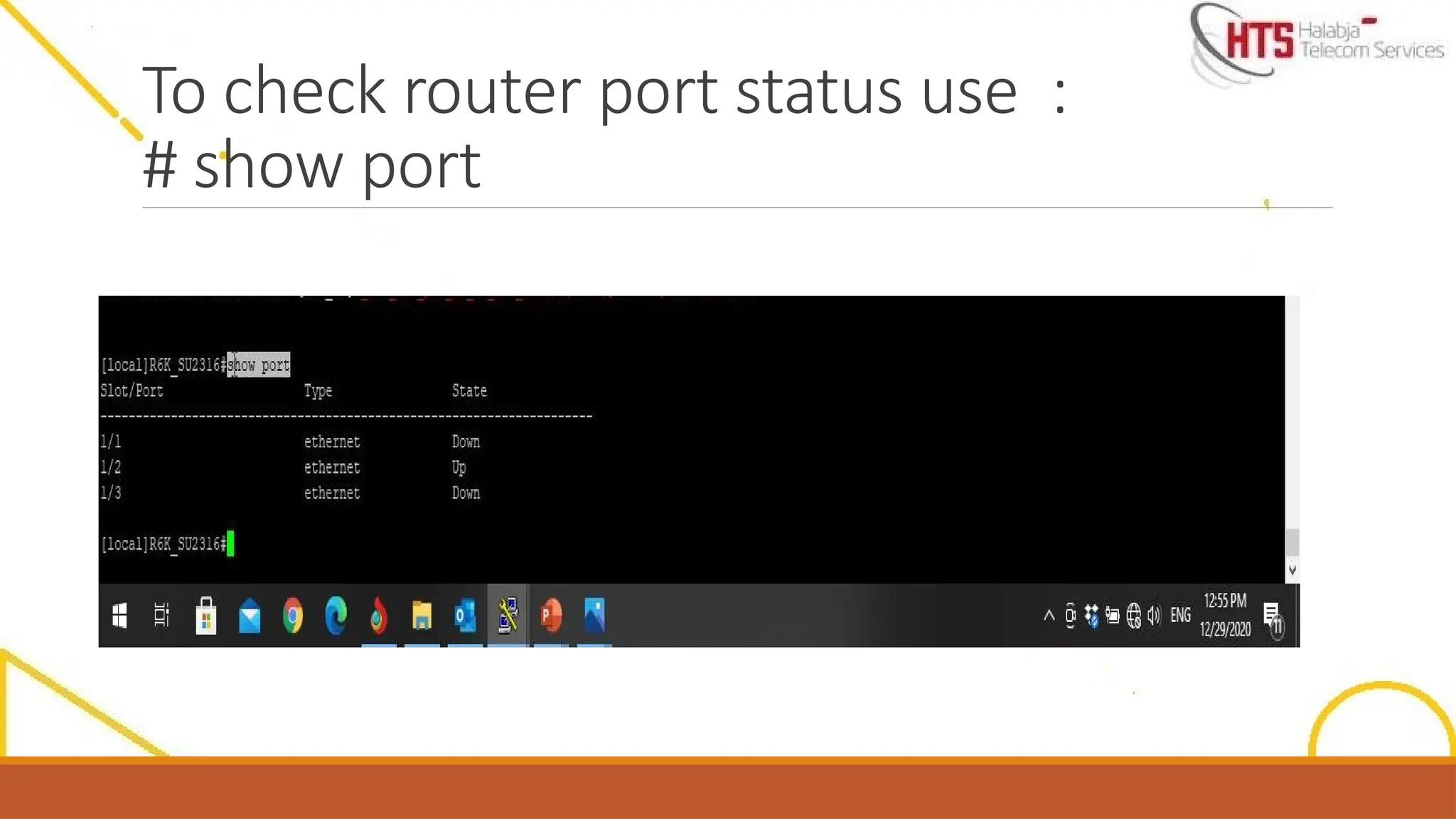 To check router port status use :
# show port
 