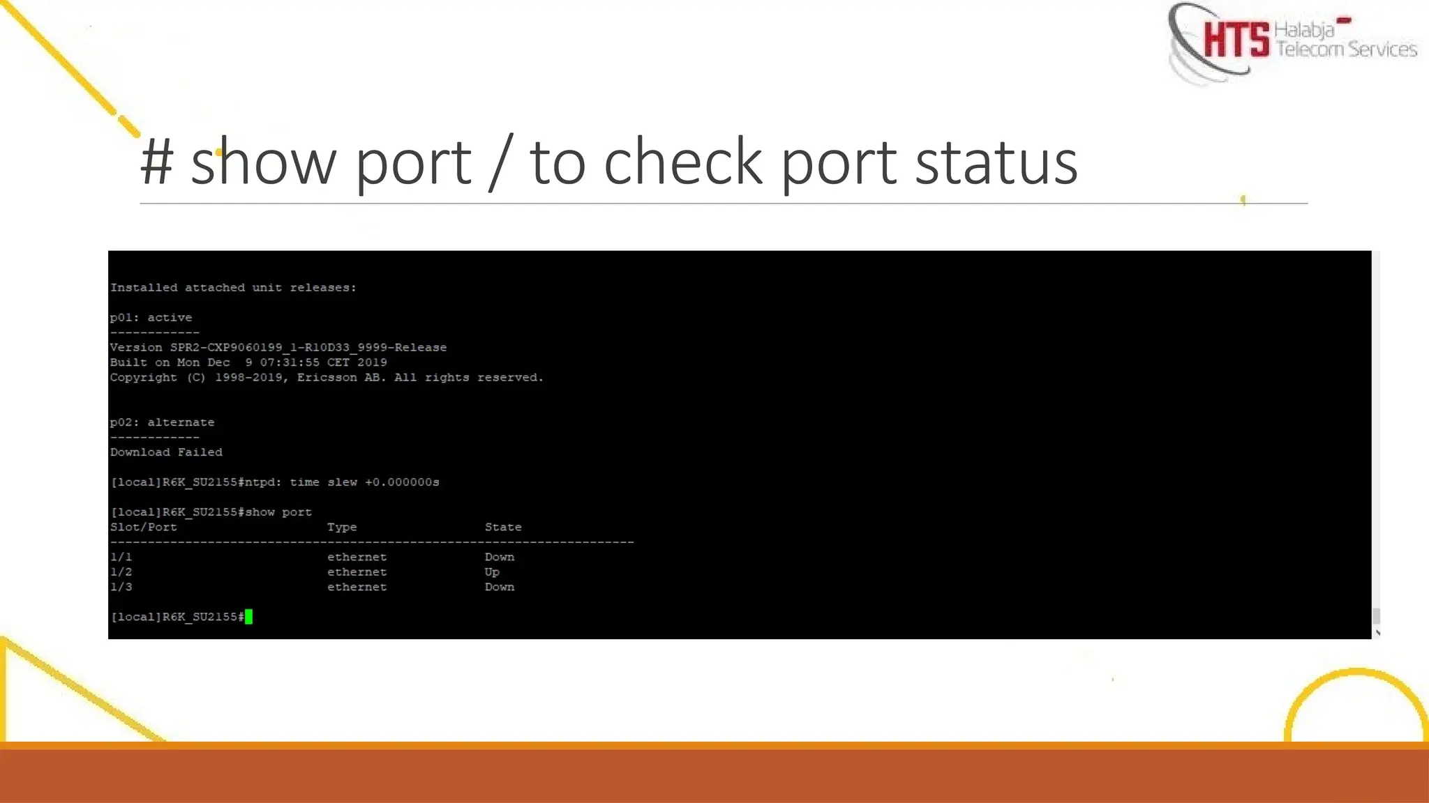 # show port / to check port status
 