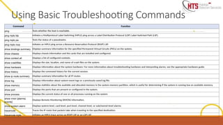 Command Function
ping Tests whether the host is reachable.
ping mpls ldp Initiates a Multiprotocol Label Switching (MPLS) ping across a Label Distribution Protocol (LDP) Label-Switched Path (LSP).
ping mpls pw Tests the status of a pseudowire.
ping mpls rsvp Initiates an MPLS ping across a Resource Reservation Protocol (RSVP) LSP.
show bindings summary Displays summary information for the specified Permanent Virtual Circuits (PVCs) on the system.
show chassis Displays chassis information and the cards that are installed and configured.
show context all Displays a list of configured contexts.
show crashfiles Displays the size, location, and name of crash files on the system.
show hardware Displays information about the system hardware. For more information about troubleshooting hardware and interpreting alarms, see the appropriate hardware guide.
show history Displays the command history for the current session.
show ip route summary Displays summary information for all IP routes.
show log Displays information about system event logs or a previously saved log file.
show memory Displays statistics about the available and allocated memory in the system memory partition, which is useful for determining if the system is running low on available memory.
show port Displays the ports that are present or configured in the system.
show process Displays the current status of one or all processes running on the system
show rmon {alarms|
events}
Displays Remote Monitoring (RMON) information.
show system alarm Displays system-level, card-level, port-level, channel-level, or subchannel-level alarms.
traceroute Traces the IP route that packets take when traveling to the specified destination.
traceroute mpls Initiates an MPLS trace across an RSVP LSP or an LDP LSP.
Using Basic Troubleshooting Commands
 