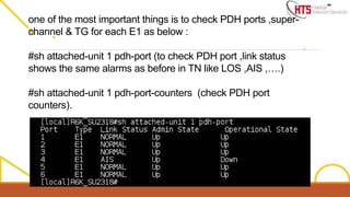 one of the most important things is to check PDH ports ,super-
channel & TG for each E1 as below :
#sh attached-unit 1 pdh-port (to check PDH port ,link status
shows the same alarms as before in TN like LOS ,AIS ,….)
#sh attached-unit 1 pdh-port-counters (check PDH port
counters).
 
