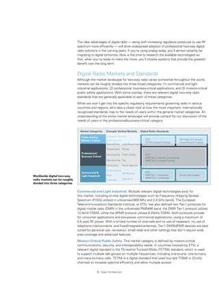 The clear advantages of digital radio — along with increasing regulatory pressures to use RF
                                spectrum more efficiently — will drive widespread adoption of professional two-way digital
                                radio solutions in the coming years. If you’re using analog today, you’ll almost certainly be
                                migrating to digital tomorrow. Now is the time to research the available technologies so
                                that, when you’re ready to make the move, you’ll choose systems that provide the greatest
                                benefit over the long term.


                                Digital Radio Markets and Standards
                                Although the market landscape for two-way radio varies somewhat throughout the world,
                                markets can be roughly divided into three broad categories: (1) commercial and light
                                industrial applications, (2) professional, business-critical applications, and (3) mission-critical
                                public safety applications. With some overlap, there are relevant digital two-way radio
                                standards that are generally applicable to each of these categories.

                                While we won’t get into the specific regulatory requirements governing radio in various
                                countries and regions, let’s take a closer look at how the most important, internationally
                                recognized standards map to the needs of users within the general market categories. An
                                understanding of the entire market landscape will provide context for our discussion of the
                                needs of users in the professional/business-critical category.


                                  Market Categories       Example Vertical Markets              Digital Radio Standards
                                                          Emergency Services
                                   Public Safety/
                                                                                                    ETSI                                TIA Project 25 Licensed
                                   Mission Critical       Public Transport
                                                                                                    TETRA Licensed Trunking             Conventional  Trunking
                                                          Airports/Ports     Local Government

                                                          Transportation     Mining

                                   Professional/
                                                          Petrochemical      Public Utilities       ETSI
                                   Business Critical                                                DMR Tier 2: Licensed Conventional
                                                          Manufacturing Taxi                        DMR Tier 3: Licensed Trunking

                                                          Construction       Rental Agencies

                                                          Private Security
                                   Commercial                                                      ETSI
                                                                             Warehousing
                                                          Retail                                    DMR Tier 1: Unlicensed              On-site Technologies
Worldwide digital two-way          Light Industrial
                                                                             Agriculture            dPMR Tier 1: Unlicensed
radio markets can be roughly                              Hospitality
divided into three categories

                                Commercial and Light Industrial. Multiple relevant digital technologies exist for
                                this market, including on-site digital technologies such as Frequency Hopping Spread
                                Spectrum (FHSS) utilized in unlicensed 900 Mhz and 2.4 GHz bands. The European
                                Telecommunications Standards Institute, or ETSI, has also defined two Tier-1 protocols for
                                digital mobile radio (DMR) in the unlicensed PMR446 band; the DMR Tier-1 protocol utilizes
                                12.5kHz FDMA, while the dPMR protocol utilizes 6.25kHz FDMA. Both protocols provide
                                for consumer applications and low-power commercial applications, using a maximum of
                                0.5 watt RF power. With a limited number of channels and no use of repeaters, no use of
                                telephone interconnects, and fixed/integrated antennas, Tier-1 DMR/dPMR devices are best
                                suited for personal use, recreation, small retail and other settings that don’t require wide
                                area coverage and advanced features.

                                Mission-Critical Public Safety. This market category is defined by mission-critical
                                communications, security, and interoperability needs. In countries covered by ETSI, a
                                relevant digital standard is the TErrestrial Trunked RAdio (TETRA) standard, which is used
                                to support multiple talk groups on multiple frequencies, including one-to-one, one-to-many
                                and many-to-many calls. TETRA is a digital standard that uses four-slot TDMA in 25 kHz
                                channels to increase spectral efficiency and allow multiple access.

                                                     TDMA Technology
 