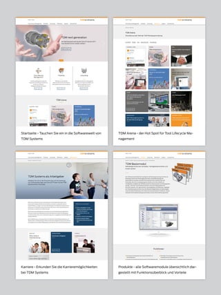 TDM Systems · www.tdmsystems.com TDMessage 11-2016 29
Startseite - Tauchen Sie ein in die Softwarewelt von
TDM Systems
TDM Arena - der Hot Spot für Tool Lifecycle Ma-
nagement
Karriere - Erkunden Sie die Karrieremöglichkeiten
bei TDM Systems
Produkte - alle Softwaremodule übersichtlich dar-
gestellt mit Funktionsüberblick und Vorteile
 