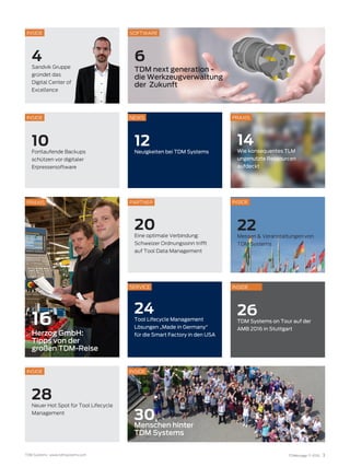 TDMessage 11-2016 3TDM Systems · www.tdmsystems.com
10
Fortlaufende Backups
schützen vor digitaler
Erpressersoftware
6
TDM next generation -
die Werkzeugverwaltung
der Zukunft
INSIDE
SOFTWARE
20
Eine optimale Verbindung:
Schweizer Ordnungssinn trifft
auf Tool Data Management
PARTNER
12
Neuigkeiten bei TDM Systems
NEWS
4
Sandvik Gruppe
gründet das
Digital Center of
Excellence
14
Wie konsequentes TLM
ungenutzte Ressourcen
aufdeckt
INSIDE
26
TDM Systems on Tour auf der
AMB 2016 in Stuttgart
INSIDE
PRAXIS
22
Messen & Veranstaltungen von
TDM Systems
24
Tool Lifecycle Management
Lösungen „Made in Germany“
für die Smart Factory in den USA
INSIDE
30
Menschen hinter
TDM Systems
INSIDE
SERVICE
PRAXIS
16
Herzog GmbH:
Tipps von der
großen TDM-Reise
28
Neuer Hot Spot für Tool Lifecycle
Management
INSIDE
 