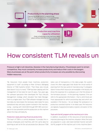 14 TDMessage 11-2016 TDM Systems · www.tdmsystems.com
How consistent TLM reveals un
Pressure is high in all industries, likewise in the manufacturing industry. If businesses want to remain
competitive, they must constantly increase productivity and reduce their costs in the bargain.
Many ­businesses are at the point where productivity increases are only possible by discovering
hidden resources.
“By ‘resources,’ most people mean machines, production
equipment or staff,” according to Peter Schneck, Managing
Director of TDM Systems GmbH. “That these also include
data doesn’t occur to many.” TDM has been dealing with the
management of tool data for over 25 years. Two years ago,
the software specialists then developed the Tool Lifecycle
Management strategy which elevated Tool Data Manage-
ment to a higher level. Thus TDM software manages not only
tool data, but also keeps the necessary data ready for every
­operational step and every system involved in the manufac-
turing – ­starting with CAD/CAM through ERP, MES and stor-
age on to tool presetters and the production on the machine
where the chips ultimately fly.
Production-ready planning influences productivity
The heart of TDM is a central database. It provides the in-
dividual employees and machines with the same data for
planning as well as for the actual production. Because TDM
takes care of transparency in the data jungle, the system
closes the often large gaps that divide the virtual world of
planning from the real world of manufacturing. If a designer
doesn’t know which resources are available in the factory, he
drives the expenses for a workpiece up in the first phase of
the formation process – in the planning. However, if he can
refer to the appropriate information – that is, which tools are
most appropriate for which processing step and which are
available in the factory – he can design the workpiece in a
production-oriented manner. In an ideal case, the resources
are digitally mapped and enable a realistic simulation of the
processes.
Tools with the NC program at the machine just in time
In addition, visualization of the resources at hand decisively
improves planning for the machine utilization. When the tools
are prepared in a job- and need-oriented manner and with
the NC program at the machine just in time, machine down-
PRACTICE
Productivity in the planning phase
Engineering design and NC programming
because of faulty parameters and experimental
values can be not optimized for production.
Production and machine
capacity utilization
Order scheduling on the machines takes
place without attention to the available and
necessary tools.
 