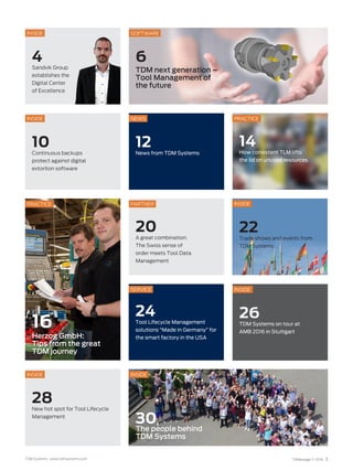 TDMessage 11-2016 3TDM Systems · www.tdmsystems.com
10
Continuous backups
protect against digital
extortion software
6
TDM next generation –
Tool Management of
the future
INSIDE
SOFTWARE
20
A great combination:
The Swiss sense of
order meets Tool Data
Management
PARTNER
12
News from TDM Systems
NEWS
4
Sandvik Group
establishes the
Digital Center
of Excellence
14
How consistent TLM lifts
the lid on unused resources
INSIDE
26
TDM Systems on tour at
AMB 2016 in Stuttgart
INSIDE
PRACTICE
22
Trade shows and events from
TDM Systems
24
Tool Lifecycle Management
solutions “Made in Germany” for
the smart factory in the USA
INSIDE
30
The people behind
TDM Systems
INSIDE
SERVICE
PRACTICE
16
Herzog GmbH:
Tips from the great
TDM journey
28
New hot spot for Tool Lifecycle
Management
INSIDE
 