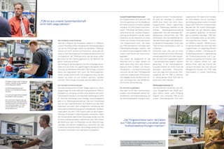 10 TDMessage # 11-2014 TDMessage # 11-2014 11TDM Systems · www.tdmsystems.com TDM Systems · www.tdmsystems.com
[5]
Den Shopfloor unter Kontrolle
Geht der Auftrag an die Produktion, landet er in TDMshop-
control. Das Modul erfasst den gesamten Werkzeugkreislauf.
„Als wir mit TDM anfingen, hatten wir das Modul TDMshop-
control noch nicht“, erinnert sich Frühschütz. „Da wurden teil-
weise zu viele Werkzeuge nach Auftragsende demontiert und
zurückgeräumt. Mit TDMshopcontrol, das die neuen Aufträ-
ge immer mit dem Werkzeugbestand an der Maschine ab-
gleicht, hatte das ein Ende.“
Den Auftrag für die Montage holt sich der zuständige Fachar-
beiter noch als Zettel. Am Lagerlift beginnt die digitale Unter-
stützung. Der Mitarbeiter öffnet den TDM-Auftrag, und sofort
fahren die Lagertablare nach vorne. Die Werkzeugkompo-
nenten werden entnommen und ausgebucht. Muss der Mit-
arbeiter von einem Lift zum anderen wechseln, ‚wandert‘
auch der TDM-Auftrag zum jeweils nächsten Bildschirm mit.
Gut montiert ist halb produziert
Sind alle Komponenten auf dem Wagen, geht es zur Werk-
zeugmontage. Auch hier steht dem Facharbeiter ein TDM-Ar-
beitsplatz zur Verfügung, auf dem unter anderem die Konst-
ruktionszeichnung des zu montierenden Werkzeugs zu sehen
ist. Sind alle Werkzeuge eines Auftrags zusammengesetzt,
geht es zur Werkzeugvoreinstellung. Über eine Schnittstelle
holt sich das Voreinstellsystem die Sollwerte aus der TDM-
Datenbank und setzt, nach erfolgreicher Vermessung, den
Status des Komplettwerkzeugs auf voreingestellt. Die Mess-
werte gehen aus dem TDM-System dann an die Program-
mierung und werden in Maschinendaten konvertiert. Neben
der Verwaltung der eigentlichen Werkzeuge werden auch die
für einen Auftrag benötigten Spannmittel über TDM erfasst.
Bei GROB setzt man, um Rüstzeiten von der Maschine weg-
zubringen und Leerlauf weitgehend zu minimieren, seit über
15 Jahren auf externes Rüsten. Die Aufträge werden auf Plat-
tensystem vormontiert und in die Maschine eingesetzt.
Auslaufmodell Maschinencrash
Der Programmierer kann über das TDM
Vorrichtungsmodul auf 3D-Modelle al-
ler Plattensysteme und Halter zugreifen
und diese im CAM-System zusammen-
bauen. TDM bildet die direkte Schnitt-
stelle zwischen der ‚virtuellen‘ Program-
mierung am Bildschirm und der ‚realen‘
Produktion an der Maschine. Ein riesen
Vorteil, wie Günther Frühschütz betont:
„Der Programmierer kann die Daten
aus TDM übernehmen und direkt seine
Kollisionsbetrachtungen machen. Seit
wir diesen Prozess eingeführt haben, ist
unsere Crash-Quote sehr stark zurück-
gegangen.“
Das erspart der Belegschaft an der
Maschine nicht nur Ärger, sondern vor
allem bares Geld. Denn jede Kollision
bedeutet hohe Schäden und Maschi-
nenstillstand – und Maschinenstunden
sind teuer. Mit den über TDM geplanten
und extern vorgerüsteten Plattensyste-
men dagegen laufen die Maschinen ein-
fach und bringen das, was GROB letzt-
lich möchte: Wertschöpfung.
Ein Schrank ist geblieben
Was aber ist mit den ‚Verbrauchsma-
terialien‘ wie Wendeplatte, Bohrer, Ge-
windebohrer und Entgratwerkzeug, auf
die Maschinenbediener häufig kurzfris-
tig zugreifen müssen? Für diese Bestän-
de wäre die Liftanlage zu unflexibel.
GROB setzt hierfür auf einen Werk-
zeugautomaten. Dieser Lagerschrank
ist über TDMstoreasy ebenfalls an die
zentrale Werkzeugdatenverwaltung
angebunden. Wird der hinterlegte Min-
destbestand unterschritten, löst TDM
automatisch eine Nachbestellung aus.
„Bei allen Werkzeugen läuft das gesam-
te Bestellvorschlagswesen heute über
TDM mit einer Schnittstelle zu SAP“, so
Frühschütz.
Frühschütz‘ Fazit: „Das, was wir heute
leisten, könnten wir ohne ein Werkzeug-
verwaltungssystem nicht mehr bewälti-
gen. Wir sind in den vergangenen Jahren
– was die Maschinen angeht – deutlich
gewachsen. In der Werkzeugverwal-
tung aber arbeiten wir immer noch mit
denselben personellen Ressourcen.
Auch das zeigt noch einmal den Effizi-
enzgewinn, der mit TDM zu erreichen
ist. Salopp gesagt: Ohne TDM wäre es
heute nicht mehr machbar.“
Werkzeugverwaltung 4.0
Und wie sieht die Zukunft des Tool Life-
cycle Managements bei GROB aus?
Dazu Markus Frank, Leiter Fertigung
Support: „Eins vorneweg: TDM ist aus
unserer Systemlandschaft nicht mehr
wegzudenken. Wir haben eine Strategie
bis 2020 definiert, wie wir zukünftig in
der Fertigung arbeiten wollen. Innerhalb
dieser stellt TDM einen fundamentalen
Baustein dar. Wir wollen Werkzeugan-
forderungen von der Maschine digital
und papierlos abwickeln. Im Moment
gibt es konkrete Planungen, TDM über
eine Schnittstelle direkt an das Manu-
facturing-Execution-System (G-Net)
von GROB zu koppeln.“ GROB hat sich
für die kommenden drei Jahre drei Ziele
vorgenommen, um langfristig Industrie
4.0 fähig zu werden: 1. Vernetzung von
Produktionsprozessen, 2. Digitalisierung
von Produktionsprozessen und 3. pa-
pierlose und papierarme Prozesse. „Das
hört sich vielleicht einfach an“, sagt
Markus Frank, „aber das braucht Zeit
und gute Konzepte. Das Tool Lifecycle
Management-Konzept von TDM trägt
entscheidend zu unserer Zielerfüllung
bei.“
„TDM ist aus unserer Systemlandschaft
nicht mehr wegzudenken.“
„Der Programmierer kann die Daten
aus TDM übernehmen und direkt seine
Kollisionsbetrachtungen machen.“
[7]
[6]
[5] Markus Frank, Leiter Fertigung
Support, arbeitet an der papierlo-
sen Fertigung bei GROB
[6] Die Einzelkomponenten
werden zum Komplettwerkzeug
montiert.
[7] Auch alle Spannmittel werden
bei GROB in TDM verwaltet.
[8] CAD/CAM-Programmierung:
Musterwerkzeug (Innendrehstab)
und Musterteil für die Übernahme
von Drehwerkzeugen von TDM
(rechter Bildschirm )nach NX
(linker Bildschirm).
[8]
[7]
Von seinem Büro mit Blick über die Werkshalle hat Günther
Frühschütz, Meister Werkzeugverwaltung bei GROB, mit TDM die
Produktionsabläufe voll im Blick.
 