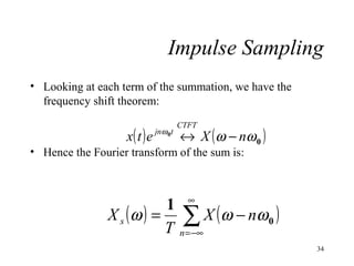 Impulse Sampling
• Looking at each term of the summation, we have the
frequency shift theorem:
CTFT

x( t ) e jnω 0t ↔ X ( ω − nω 0 )

• Hence the Fourier transform of the sum is:

1 ∞
X s ( ω ) = ∑ X ( ω − nω 0 )
T n = −∞
34

 