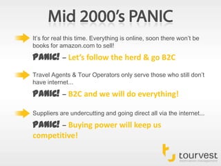 Mid 2000’s PANICIt’s for real this time. Everything is online, soon there won’t be books for amazon.com to sell!PANIC!–Let’s follow the herd & go B2CTravel Agents & Tour Operators only serve those who still don’t have internet...PANIC!–B2C and we will do everything!Suppliers are undercutting and going direct all via the internet...PANIC!–Buying power will keep us competitive!