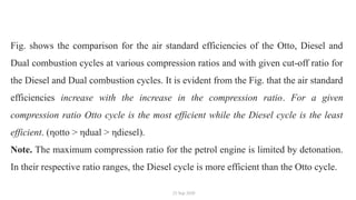 25 Sep 2020
Fig. shows the comparison for the air standard efficiencies of the Otto, Diesel and
Dual combustion cycles at various compression ratios and with given cut-off ratio for
the Diesel and Dual combustion cycles. It is evident from the Fig. that the air standard
efficiencies increase with the increase in the compression ratio. For a given
compression ratio Otto cycle is the most efficient while the Diesel cycle is the least
efficient. (ηotto > ηdual > ηdiesel).
Note. The maximum compression ratio for the petrol engine is limited by detonation.
In their respective ratio ranges, the Diesel cycle is more efficient than the Otto cycle.
 