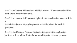 1 → 2 is a Constant Volume heat addition process. Where the fuel will be
burnt under a constant volume.
2 → 3 is an Isentropic Expansion, right after the combustion happens. It is
a
reversible adiabatic expansion process. Actually where the work is
generated.
3 → 1 is the Constant Pressure heat rejection, where the combustion
particles will be released into the surroundings at a constant pressure.
 