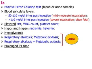 Ix:
 Positive Ferric Chloride test (blood or urine sample)
 Blood salicylate levels:
• 50-110 mg/dl 6-hrs post-ingestion (mild-moderate intoxication);
• >110 mg/dl 6-hrs post-ingestion (severe intoxication; often fatal);
 Elevated Hct, WBC count, platelet count;
 Hypo- and Hyper- natremia; kalemia;
 Hypoglycemia
 Respiratory alkalosis; Metabolic acidosis;
 Respiratory alkalosis + Metabolic acidosis;
 Prolonged PT time
ABGs
 