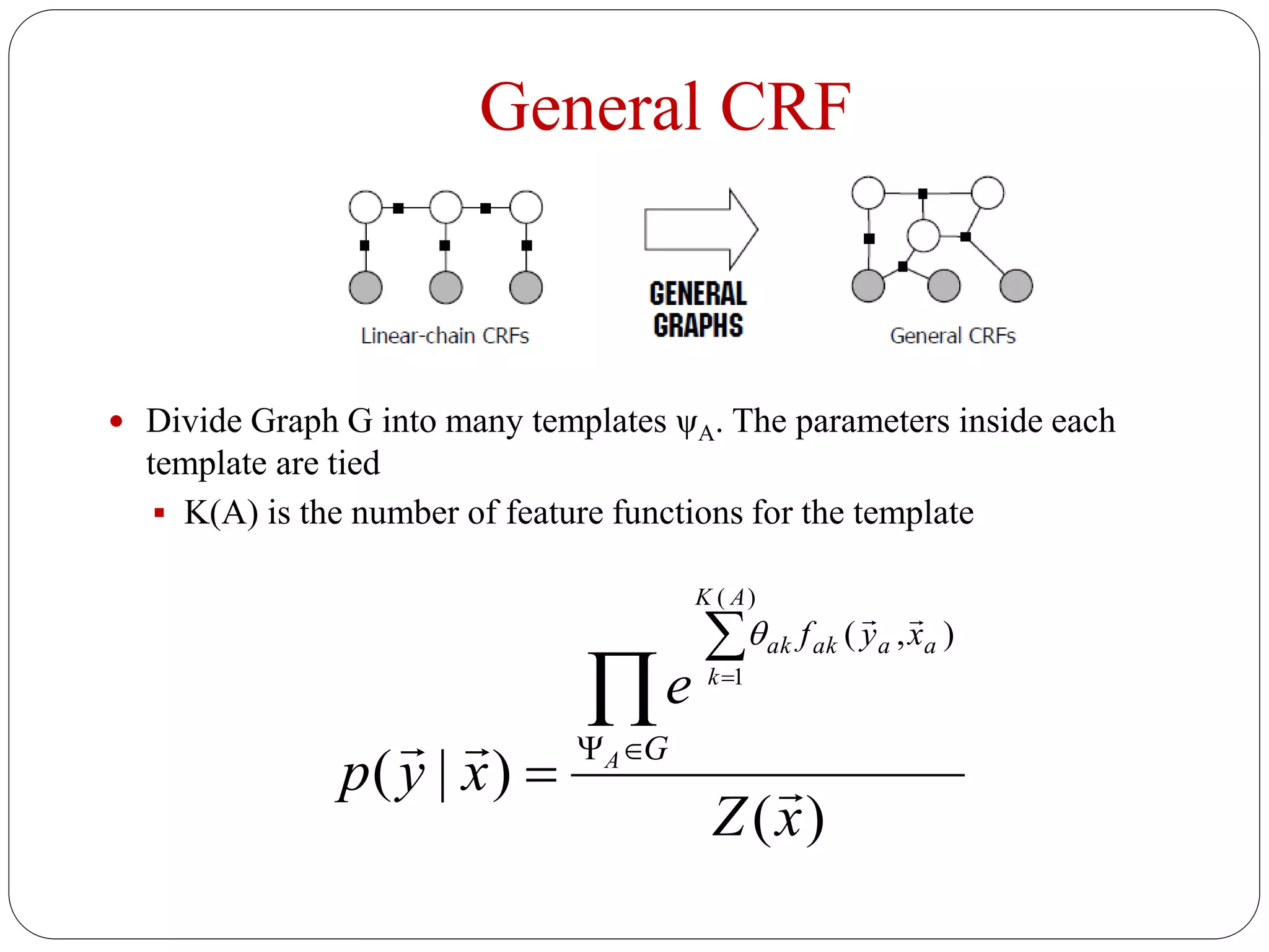 General CRF
 Divide Graph G into many templates ψA. The parameters inside each
template are tied
 K(A) is the number of feature functions for the template
)(
)|(
)(
1
),(
xZ
e
xyp
G
xyf
A
AK
k
aaakak








 