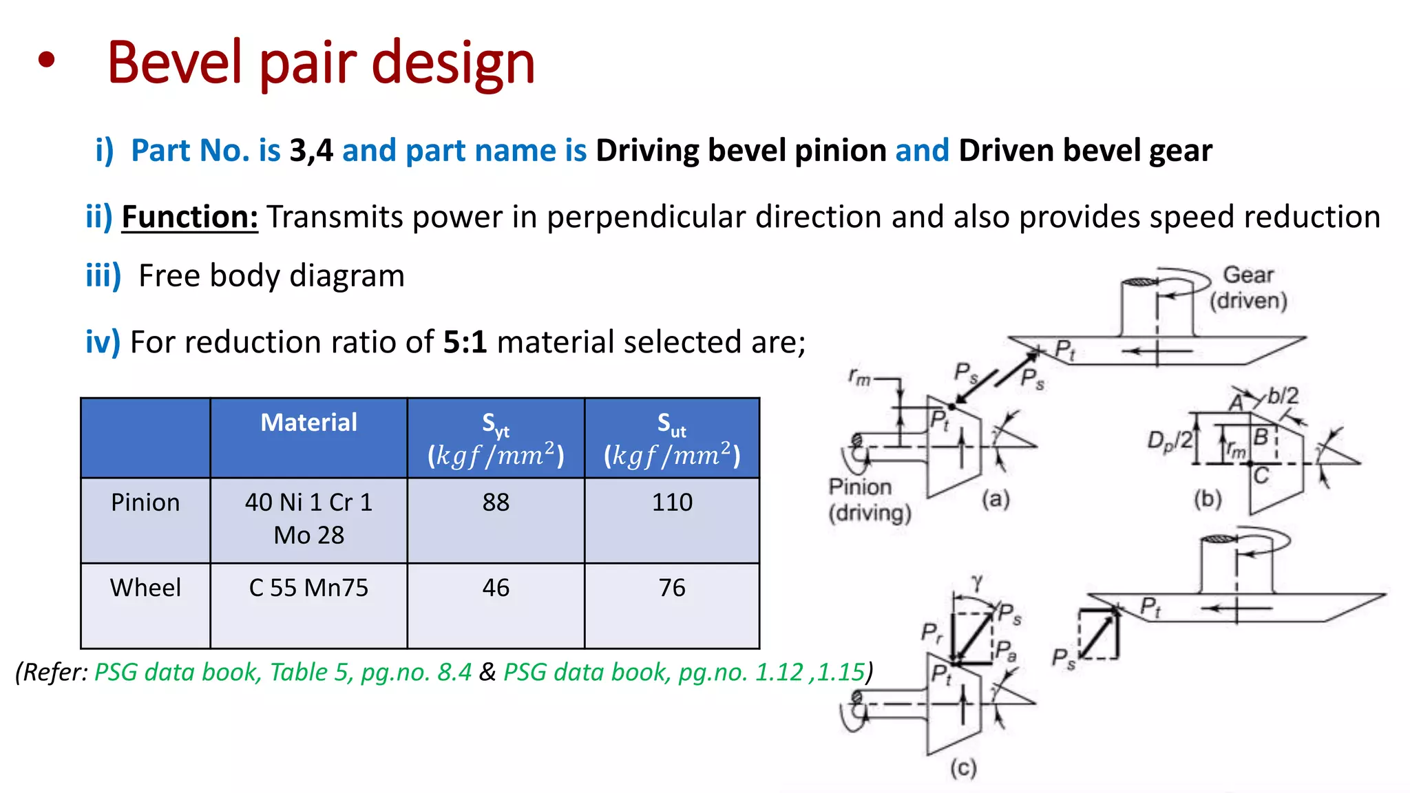 • Bevel pair design
i) Part No. is 3,4 and part name is Driving bevel pinion and Driven bevel gear
ii) Function: Transmits power in perpendicular direction and also provides speed reduction
iii) Free body diagram
Material Syt
(𝑘𝑔𝑓/𝑚𝑚2
)
Sut
(𝑘𝑔𝑓/𝑚𝑚2
)
Pinion 40 Ni 1 Cr 1
Mo 28
88 110
Wheel C 55 Mn75 46 76
iv) For reduction ratio of 5:1 material selected are;
(Refer: PSG data book, Table 5, pg.no. 8.4 & PSG data book, pg.no. 1.12 ,1.15)
 