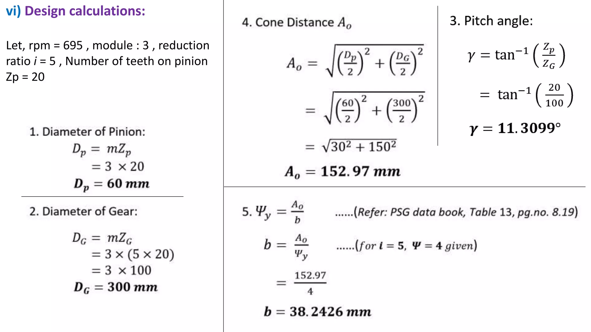 vi) Design calculations:
Let, rpm = 695 , module : 3 , reduction
ratio i = 5 , Number of teeth on pinion
Zp = 20
 