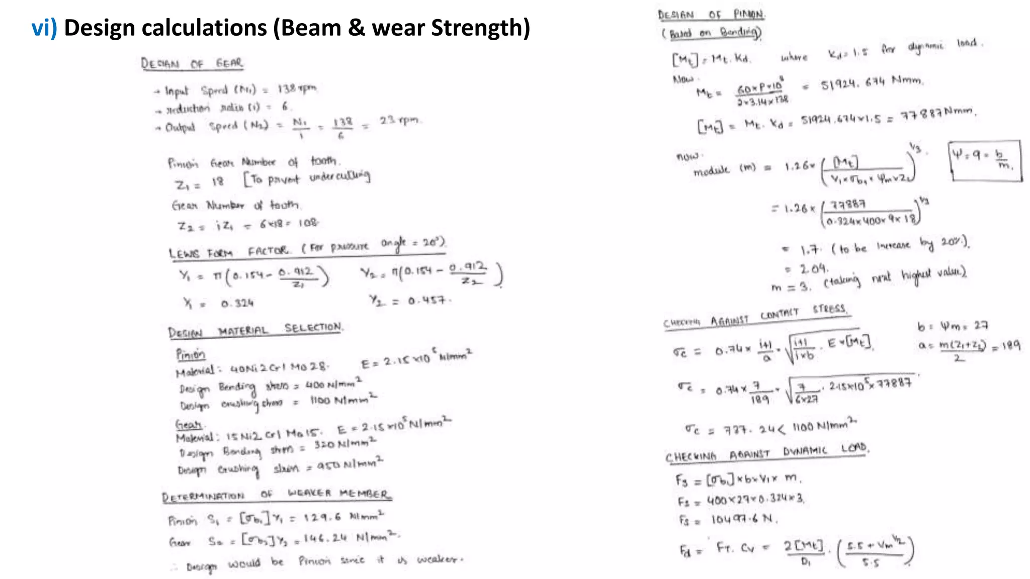 vi) Design calculations (Beam & wear Strength)
 