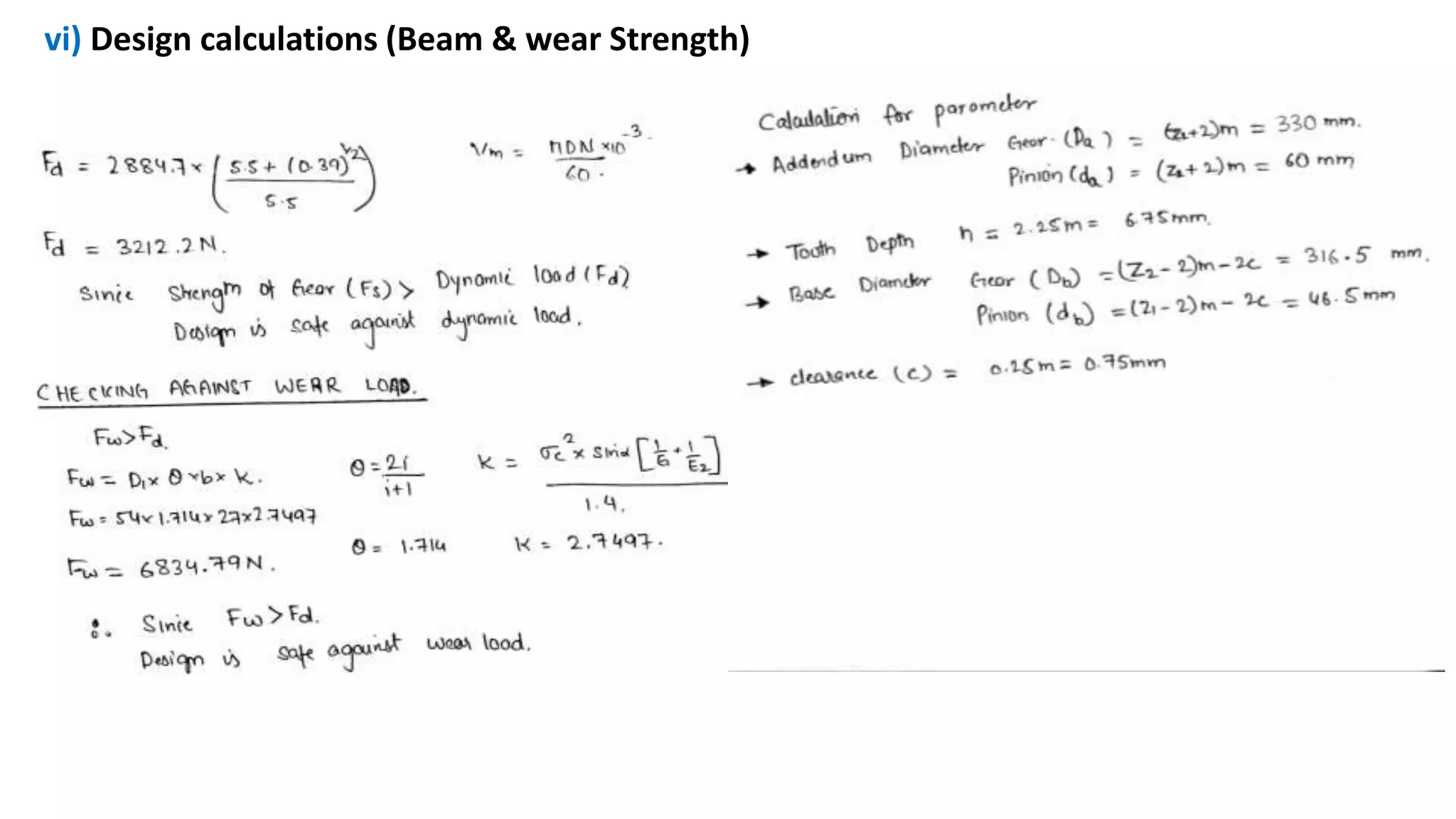 vi) Design calculations (Beam & wear Strength)
 