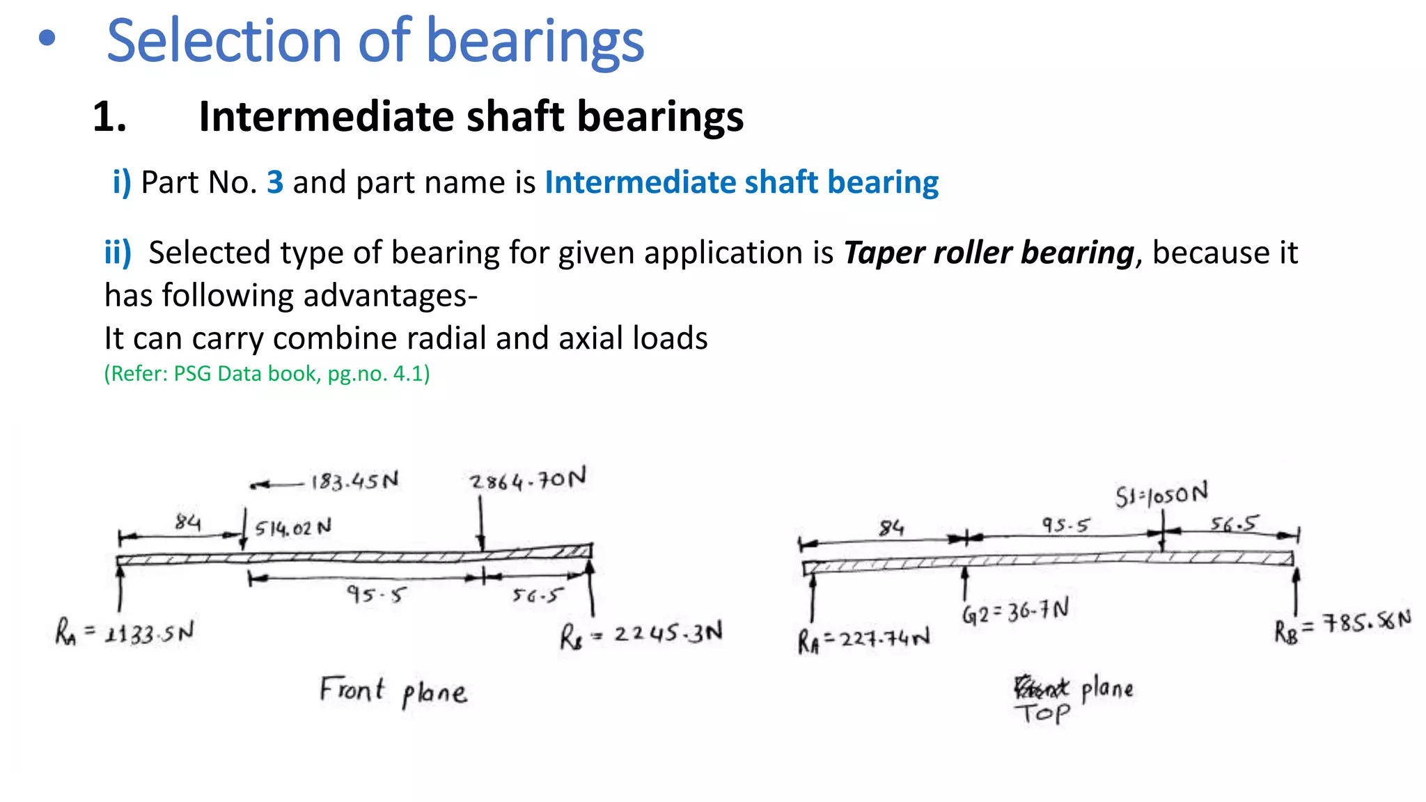 • Selection of bearings
1. Intermediate shaft bearings
i) Part No. 3 and part name is Intermediate shaft bearing
ii) Selected type of bearing for given application is Taper roller bearing, because it
has following advantages-
It can carry combine radial and axial loads
(Refer: PSG Data book, pg.no. 4.1)
 