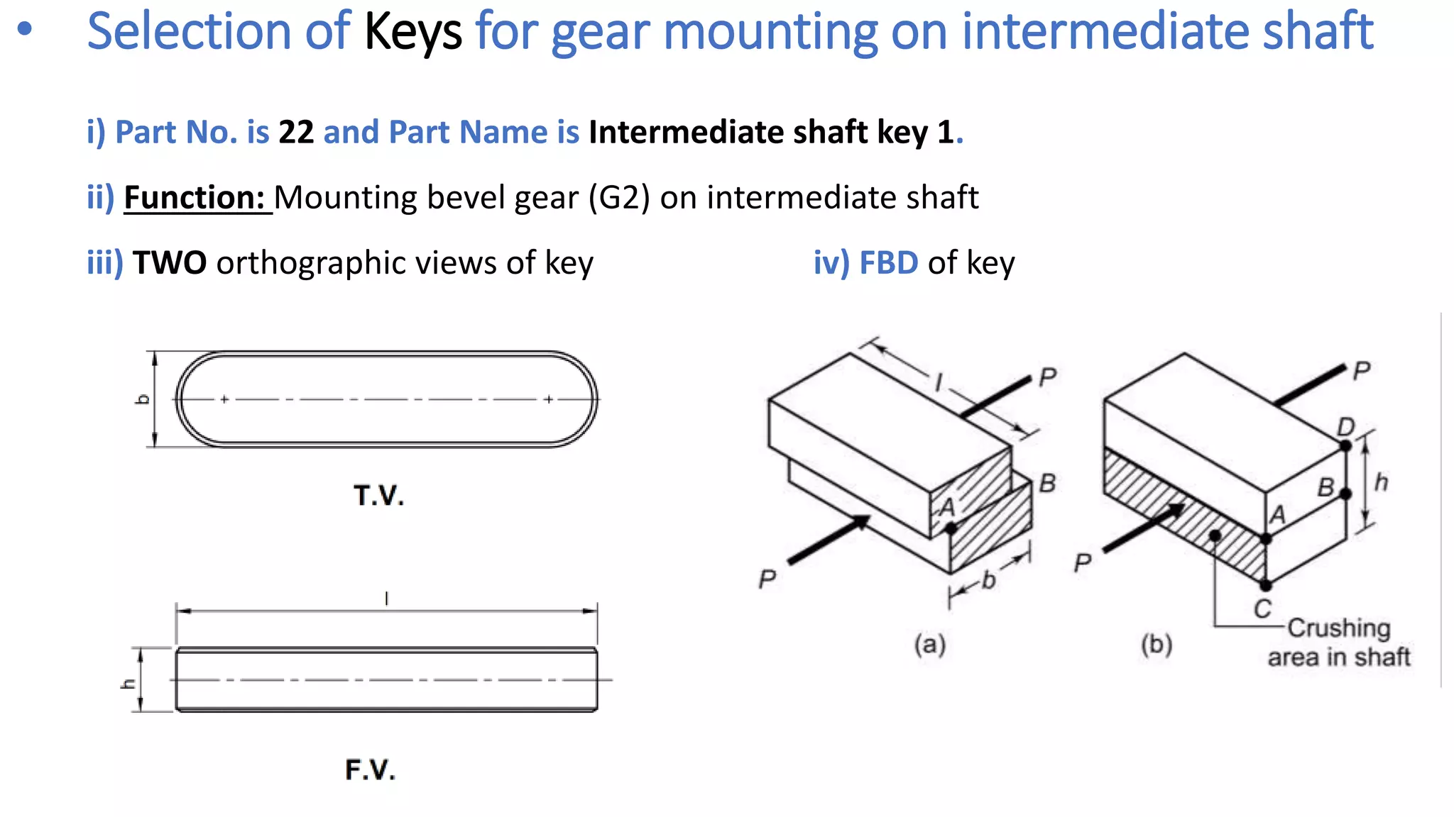 • Selection of Keys for gear mounting on intermediate shaft
i) Part No. is 22 and Part Name is Intermediate shaft key 1.
ii) Function: Mounting bevel gear (G2) on intermediate shaft
iii) TWO orthographic views of key iv) FBD of key
 