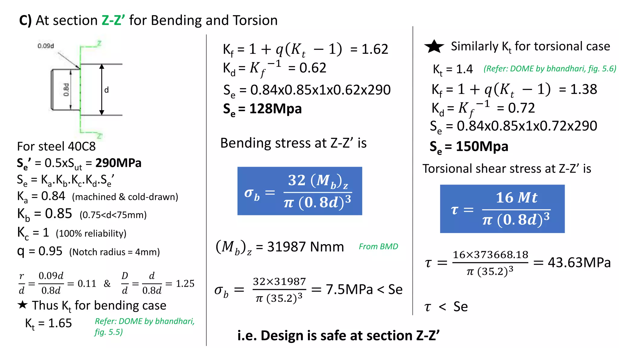C) At section Z-Z’ for Bending and Torsion
d
For steel 40C8
Se’ = 0.5xSut = 290MPa
Se = Ka.Kb.Kc.Kd.Se’
Ka = 0.84 (machined & cold-drawn)
Kb = 0.85 (0.75<d<75mm)
Kc = 1 (100% reliability)
q = 0.95 (Notch radius = 4mm)
𝑟
𝑑
=
0.09𝑑
0.8𝑑
= 0.11 &
𝐷
𝑑
=
𝑑
0.8𝑑
= 1.25
Thus Kt for bending case
Kt = 1.65 Refer: DOME by bhandhari,
fig. 5.5)
Kf = 1 + 𝑞 𝐾𝑡 − 1 = 1.62
Kd = 𝐾𝑓
−1
= 0.62
Se = 0.84x0.85x1x0.62x290
Se = 128Mpa
Bending stress at Z-Z’ is
𝝈𝒃 =
𝟑𝟐 𝑴𝒃 𝒛
𝝅 (𝟎. 𝟖𝒅)𝟑
𝑀𝑏 𝑧 = 31987 Nmm
𝜎𝑏 =
32×31987
𝜋 (35.2)3 = 7.5MPa < Se
From BMD
Similarly Kt for torsional case
Kt = 1.4 (Refer: DOME by bhandhari, fig. 5.6)
Kf = 1 + 𝑞 𝐾𝑡 − 1 = 1.38
Kd = 𝐾𝑓
−1
= 0.72
Torsional shear stress at Z-Z’ is
𝝉 =
𝟏𝟔 𝑴𝒕
𝝅 (𝟎. 𝟖𝒅)𝟑
Se = 0.84x0.85x1x0.72x290
Se = 150Mpa
𝜏 =
16×373668.18
𝜋 (35.2)3 = 43.63MPa
𝜏 < Se
i.e. Design is safe at section Z-Z’
 