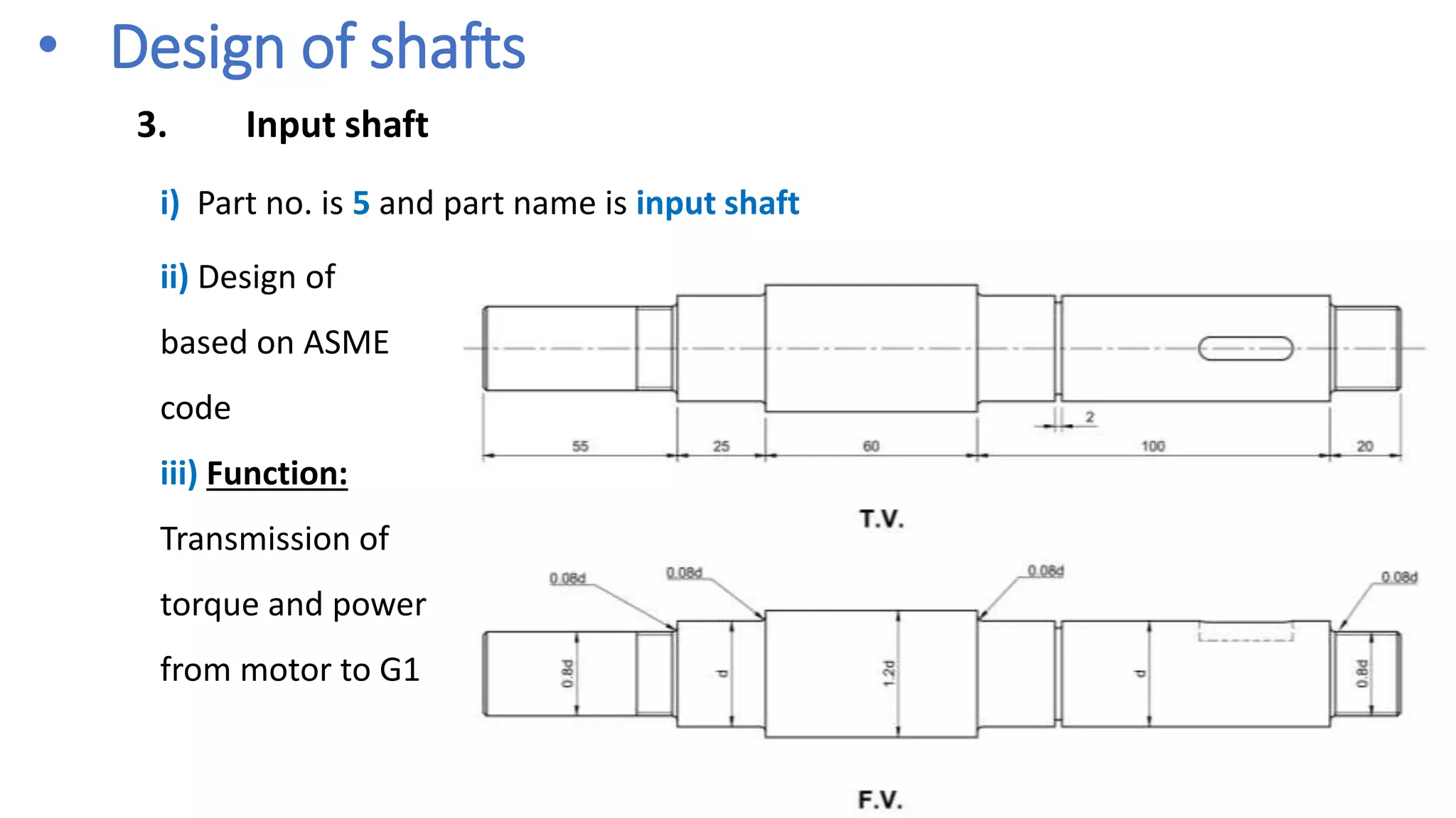 • Design of shafts
3. Input shaft
i) Part no. is 5 and part name is input shaft
ii) Design of
based on ASME
code
iii) Function:
Transmission of
torque and power
from motor to G1
 