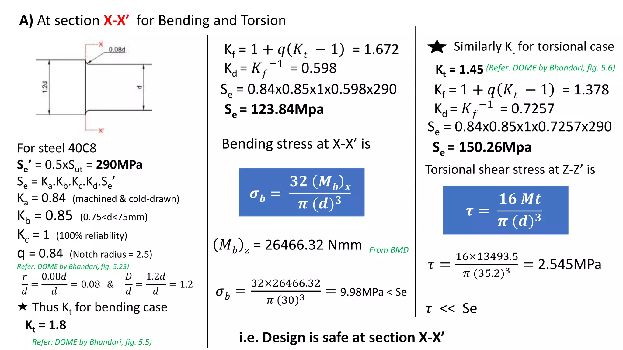 A) At section X-X’ for Bending and Torsion
For steel 40C8
Se’ = 0.5xSut = 290MPa
Se = Ka.Kb.Kc.Kd.Se’
Ka = 0.84 (machined & cold-drawn)
Kb = 0.85 (0.75<d<75mm)
Kc = 1 (100% reliability)
q = 0.84 (Notch radius = 2.5)
Refer: DOME by Bhandari, fig. 5.23)
𝑟
𝑑
=
0.08𝑑
𝑑
= 0.08 &
𝐷
𝑑
=
1.2𝑑
𝑑
= 1.2
Thus Kt for bending case
Kt = 1.8
Refer: DOME by Bhandari, fig. 5.5)
Kf = 1 + 𝑞 𝐾𝑡 − 1 = 1.672
Kd = 𝐾𝑓
−1
= 0.598
Se = 0.84x0.85x1x0.598x290
Se = 123.84Mpa
Bending stress at X-X’ is
𝝈𝒃 =
𝟑𝟐 𝑴𝒃 𝒙
𝝅 (𝒅)𝟑
𝑀𝑏 𝑧 = 26466.32 Nmm
𝜎𝑏 =
32×26466.32
𝜋 (30)3 = 9.98MPa < Se
From BMD
Similarly Kt for torsional case
Kt = 1.45 (Refer: DOME by Bhandari, fig. 5.6)
Kf = 1 + 𝑞 𝐾𝑡 − 1 = 1.378
Kd = 𝐾𝑓
−1
= 0.7257
Torsional shear stress at Z-Z’ is
𝝉 =
𝟏𝟔 𝑴𝒕
𝝅 (𝒅)𝟑
Se = 0.84x0.85x1x0.7257x290
Se = 150.26Mpa
𝜏 =
16×13493.5
𝜋 (35.2)3 = 2.545MPa
𝜏 << Se
i.e. Design is safe at section X-X’
 