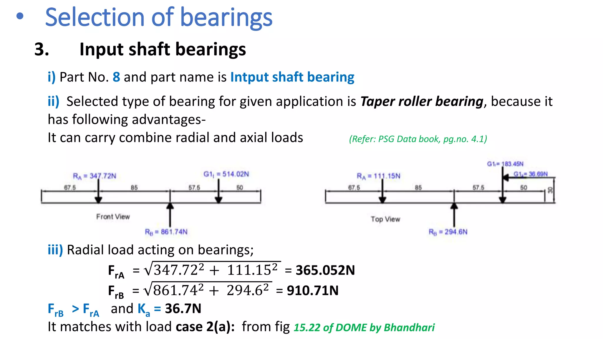• Selection of bearings
3. Input shaft bearings
i) Part No. 8 and part name is Intput shaft bearing
ii) Selected type of bearing for given application is Taper roller bearing, because it
has following advantages-
It can carry combine radial and axial loads (Refer: PSG Data book, pg.no. 4.1)
iii) Radial load acting on bearings;
FrA = 347.722 + 111.152 = 365.052N
FrB = 861.742 + 294.62 = 910.71N
FrB > FrA and Ka = 36.7N
It matches with load case 2(a): from fig 15.22 of DOME by Bhandhari
 