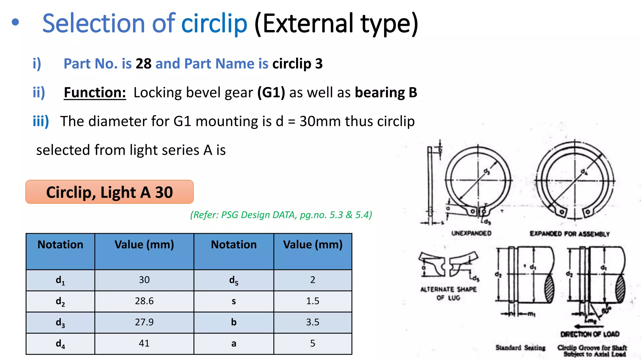 i) Part No. is 28 and Part Name is circlip 3
ii) Function: Locking bevel gear (G1) as well as bearing B
iii) The diameter for G1 mounting is d = 30mm thus circlip
selected from light series A is
• Selection of circlip (External type)
Circlip, Light A 30
(Refer: PSG Design DATA, pg.no. 5.3 & 5.4)
Notation Value (mm) Notation Value (mm)
d1 30 d5 2
d2 28.6 s 1.5
d3 27.9 b 3.5
d4 41 a 5
 