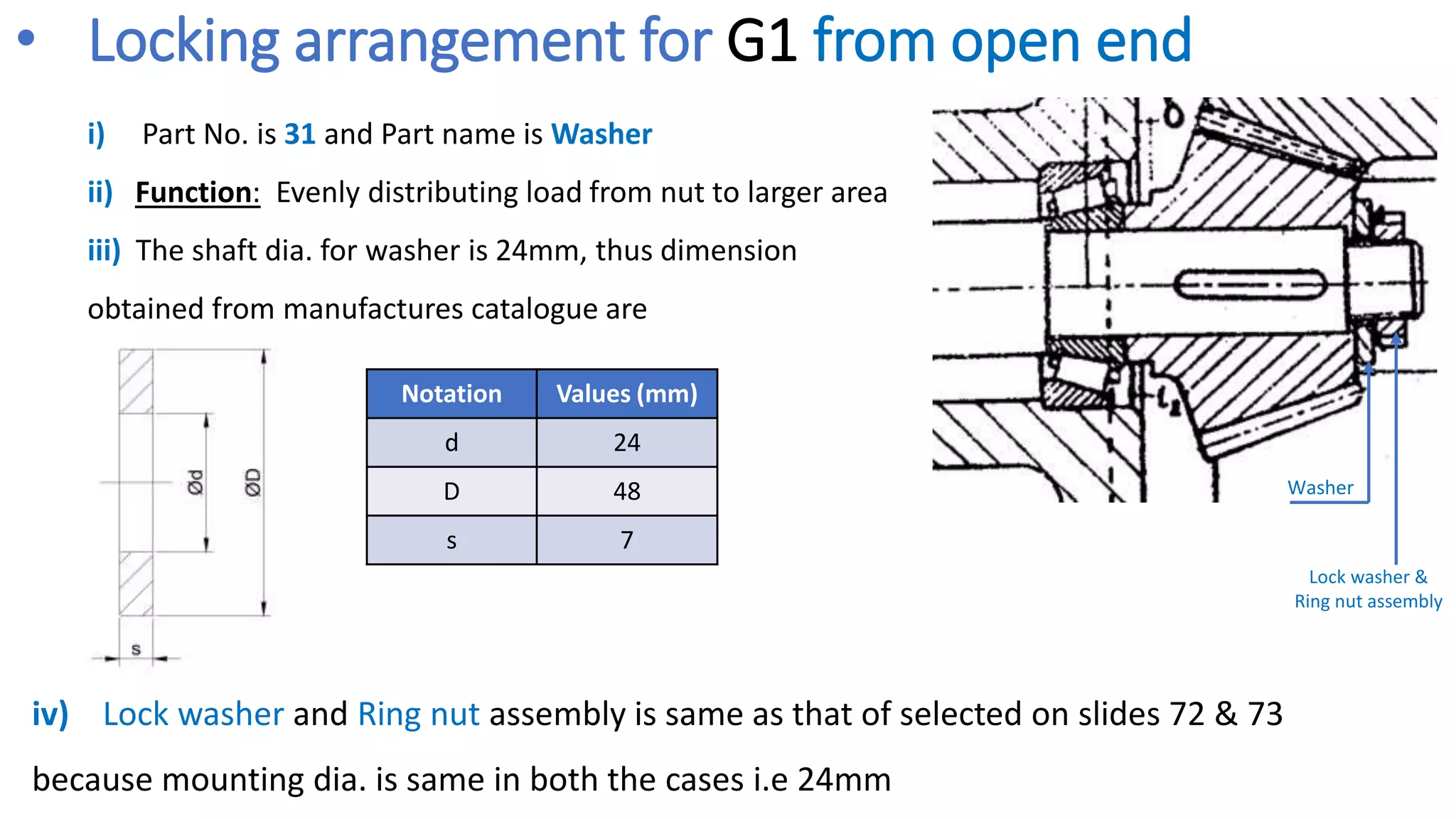 • Locking arrangement for G1 from open end
iv) Lock washer and Ring nut assembly is same as that of selected on slides 72 & 73
because mounting dia. is same in both the cases i.e 24mm
i) Part No. is 31 and Part name is Washer
ii) Function: Evenly distributing load from nut to larger area
iii) The shaft dia. for washer is 24mm, thus dimension
obtained from manufactures catalogue are
Washer
Lock washer &
Ring nut assembly
Notation Values (mm)
d 24
D 48
s 7
 