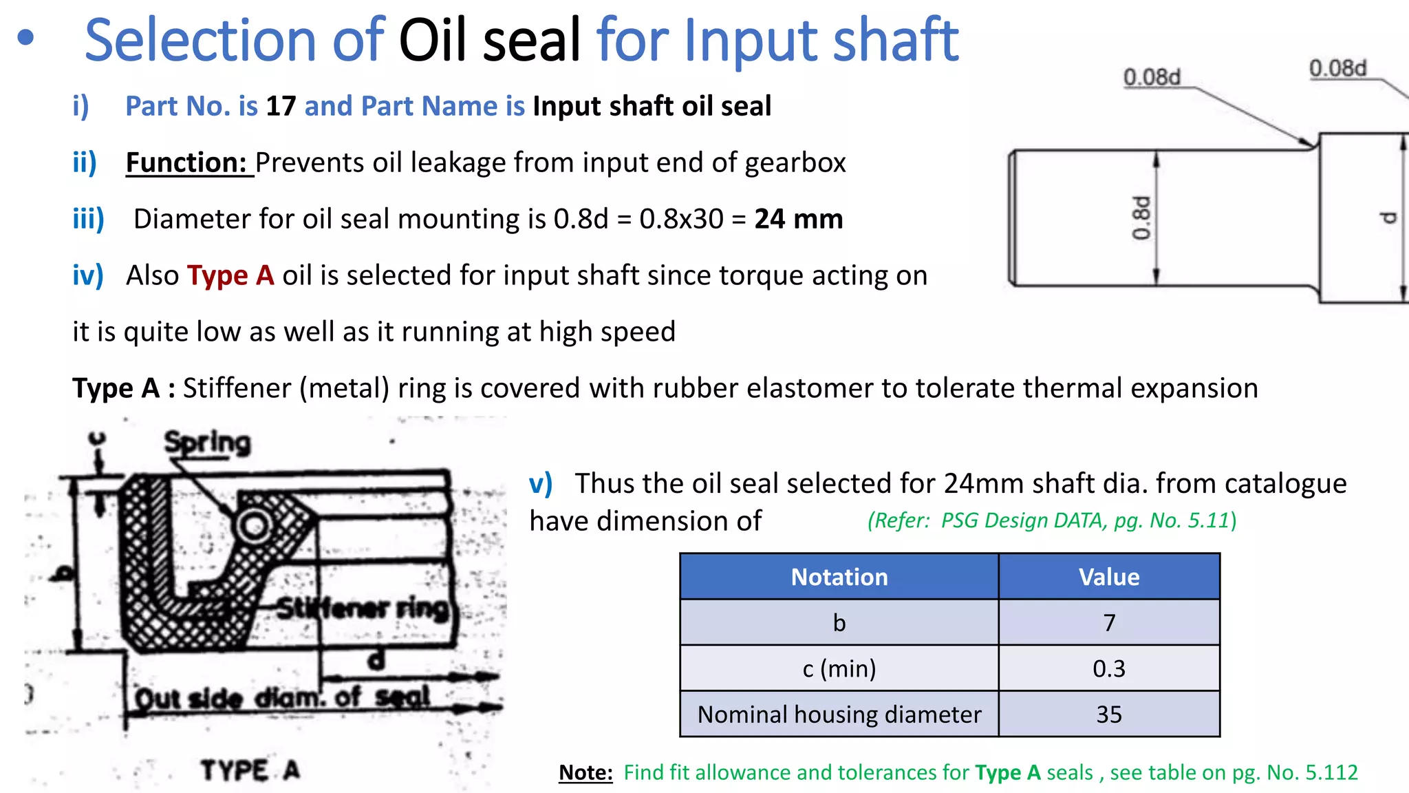 i) Part No. is 17 and Part Name is Input shaft oil seal
ii) Function: Prevents oil leakage from input end of gearbox
iii) Diameter for oil seal mounting is 0.8d = 0.8x30 = 24 mm
iv) Also Type A oil is selected for input shaft since torque acting on
it is quite low as well as it running at high speed
Type A : Stiffener (metal) ring is covered with rubber elastomer to tolerate thermal expansion
• Selection of Oil seal for Input shaft
v) Thus the oil seal selected for 24mm shaft dia. from catalogue
have dimension of
Notation Value
b 7
c (min) 0.3
Nominal housing diameter 35
(Refer: PSG Design DATA, pg. No. 5.11)
Note: Find fit allowance and tolerances for Type A seals , see table on pg. No. 5.112
 