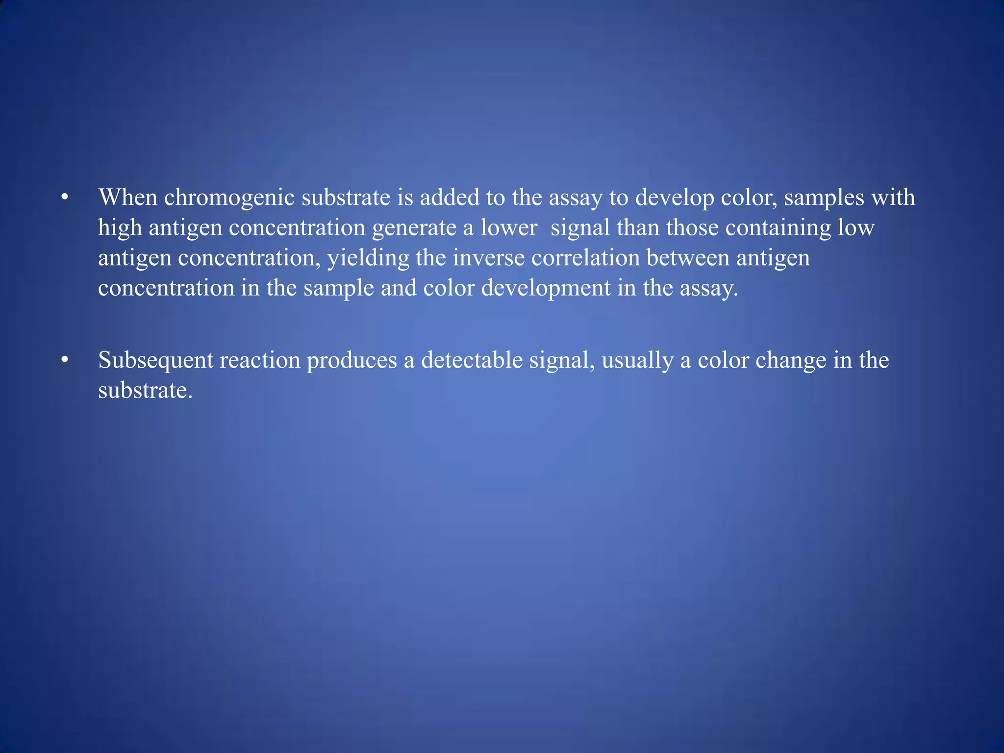 •

When chromogenic substrate is added to the assay to develop color, samples with
high antigen concentration generate a lower signal than those containing low
antigen concentration, yielding the inverse correlation between antigen
concentration in the sample and color development in the assay.

•

Subsequent reaction produces a detectable signal, usually a color change in the
substrate.

 